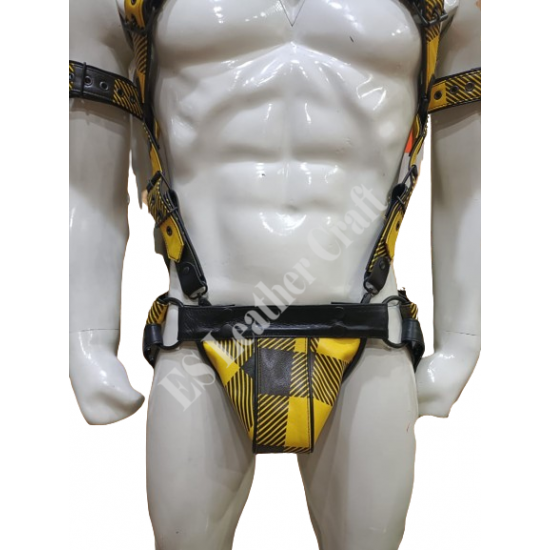 Men's 100% Genuine Yellow Printed Leather Harness with Jockstrap & Bicep Strap – Gay Body Harness, BDSM Chest Harness, Fetish Leather Harness for Men Men's 100% Genuine Yellow Printed Leather Harness with Jockstrap & Bicep Strap – Gay Body Harness, BDSM Chest Harness, Fetish Leather Harness for Men