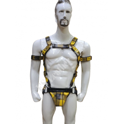 Men's 100% Genuine Yellow Printed Leather Harness with Jockstrap & Bicep Strap – Gay Body Harness, BDSM Chest Harness, Fetish Leather Harness for Men