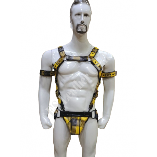 Men's 100% Genuine Yellow Printed Leather Harness with Jockstrap & Bicep Strap – Gay Body Harness, BDSM Chest Harness, Fetish Leather Harness for Men Men's 100% Genuine Yellow Printed Leather Harness with Jockstrap & Bicep Strap – Gay Body Harness, BDSM Chest Harness, Fetish Leather Harness for Men