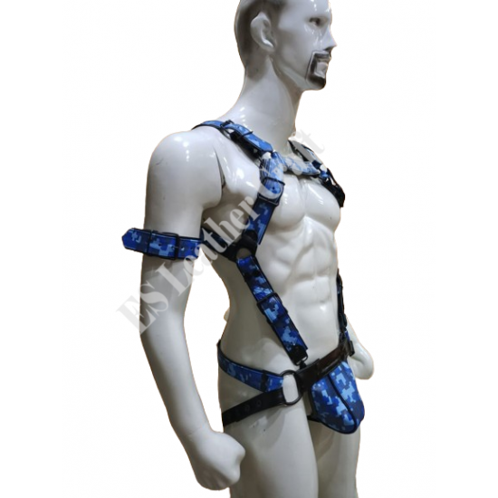 Men's 100% Genuine Blue Camo Leather Harness with Jockstrap & Armband – Gay Body Harness, BDSM Chest Harness, Fetish Leather Harness for Men Men's 100% Genuine Blue Camo Leather Harness with Jockstrap & Armband – Gay Body Harness, BDSM Chest Harness, Fetish Leather Harness for Men