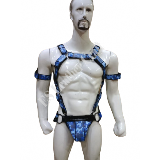 Men's 100% Genuine Blue Camo Leather Harness with Jockstrap & Armband – Gay Body Harness, BDSM Chest Harness, Fetish Leather Harness for Men Men's 100% Genuine Blue Camo Leather Harness with Jockstrap & Armband – Gay Body Harness, BDSM Chest Harness, Fetish Leather Harness for Men