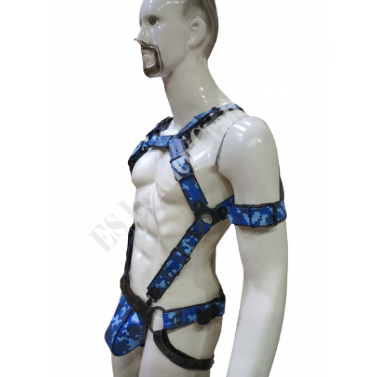 Men's 100% Genuine Blue Camo Leather Harness with Jockstrap & Armband – Gay Body Harness, BDSM Chest Harness, Fetish Leather Harness for Men Men's 100% Genuine Blue Camo Leather Harness with Jockstrap & Armband – Gay Body Harness, BDSM Chest Harness, Fetish Leather Harness for Men