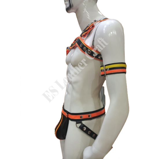 Men's Black & Orange Genuine Leather Harness and Jockstrap Set – Gay Pride, Festival, BDSM, Rave Outfit Men's Black & Orange Genuine Leather Harness and Jockstrap Set – Gay Pride, Festival, BDSM, Rave Outfit