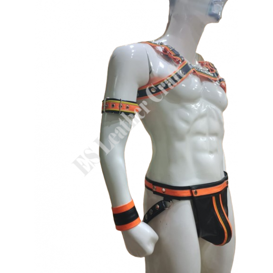 Men's Black & Orange Genuine Leather Harness and Jockstrap Set – Gay Pride, Festival, BDSM, Rave Outfit Men's Black & Orange Genuine Leather Harness and Jockstrap Set – Gay Pride, Festival, BDSM, Rave Outfit
