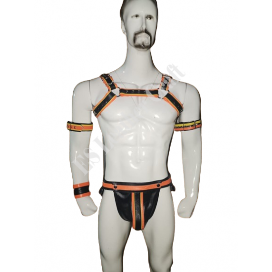 Men's Black & Orange Genuine Leather Harness and Jockstrap Set – Gay Pride, Festival, BDSM, Rave Outfit Men's Black & Orange Genuine Leather Harness and Jockstrap Set – Gay Pride, Festival, BDSM, Rave Outfit