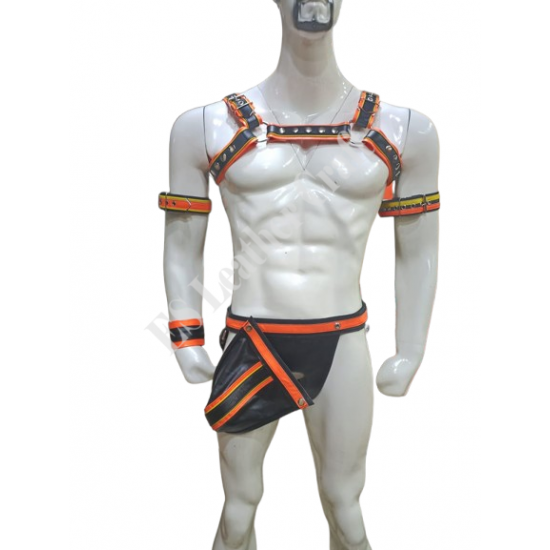 Men's Black & Orange Genuine Leather Harness and Jockstrap Set – Gay Pride, Festival, BDSM, Rave Outfit