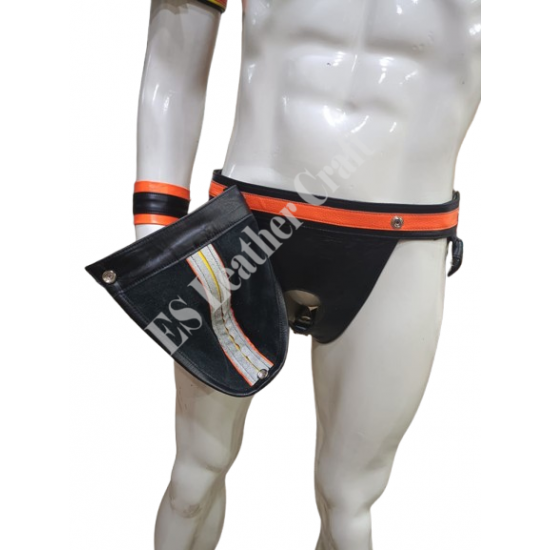 Men's Black & Orange Genuine Leather Harness and Jockstrap Set – Gay Pride, Festival, BDSM, Rave Outfit