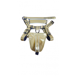 Gold Leather Men's Harness and Jockstrap Set – Leather BDSM Fetish Gear, Bondage Outfit, Sexy Clubwear, Adjustable Festival Rave Wear