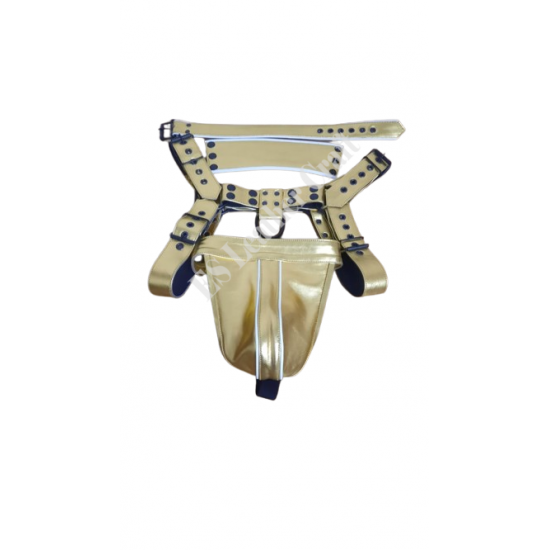 Gold Leather Men's Harness and Jockstrap Set – Leather BDSM Fetish Gear, Bondage Outfit, Sexy Clubwear, Adjustable Festival Rave Wear