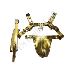 Gold Leather Men's Harness and Jockstrap Set – Leather BDSM Fetish Gear, Bondage Outfit, Sexy Clubwear, Adjustable Festival Rave Wear