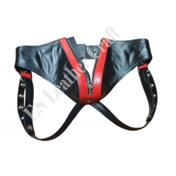 Men's Black & Red Genuine Leather Jockstrap with Front Zipper - Snap-Button Fetish Underwear