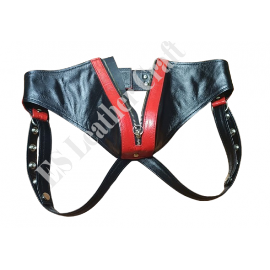 Men's Black & Red Genuine Leather Jockstrap with Front Zipper - Snap-Button Fetish Underwear
