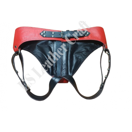 Men's Black & Red Genuine Leather Jockstrap with Front Zipper - Snap-Button Fetish Underwear