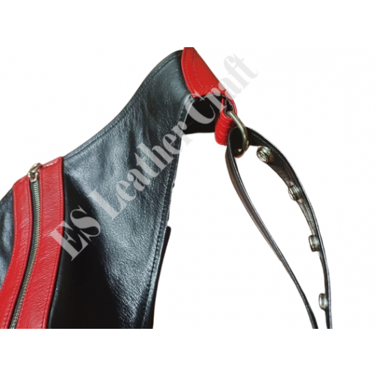 Men's Black & Red Genuine Leather Jockstrap with Front Zipper - Snap-Button Fetish Underwear