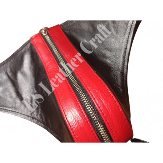 Men's Black & Red Genuine Leather Jockstrap with Front Zipper - Snap-Button Fetish Underwear