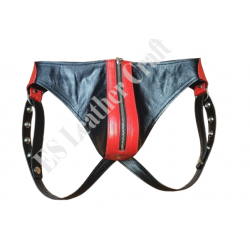 Men's Black & Red Genuine Leather Jockstrap with Front Zipper - Snap-Button Fetish Underwear