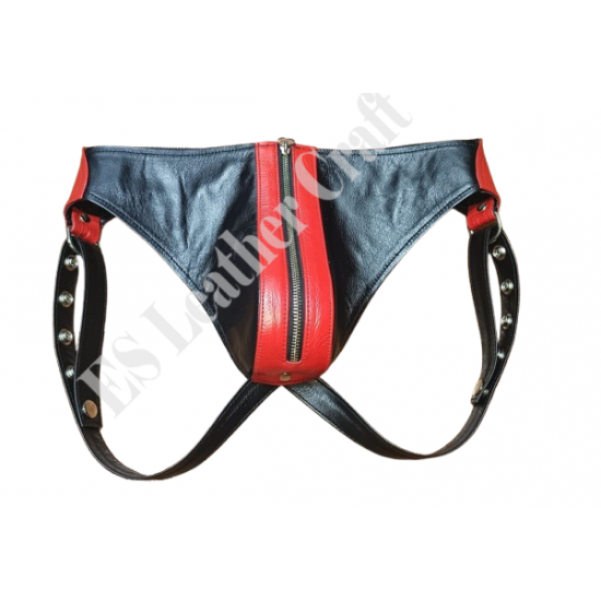 Men's Black & Red Genuine Leather Jockstrap with Front Zipper - Snap-Button Fetish Underwear