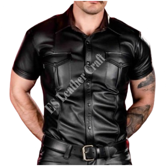 Genuine Leather Men's Half Sleeve Shirt-Black Leather Shirt-Handmade Real Leather Formal Shirt- Casual Shirt-Men's Leather Shirt-Gym Shirt