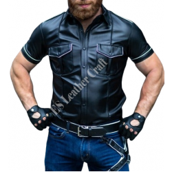 Men Classic Style half  Sleeve Leather Shirt Black Leather Shirt Gift For Him, Genuine Leather Shirt - Handmade Real Leather Shirt