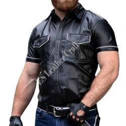 Men Classic Style half  Sleeve Leather Shirt Black Leather Shirt Gift For Him, Genuine Leather Shirt - Handmade Real Leather Shirt