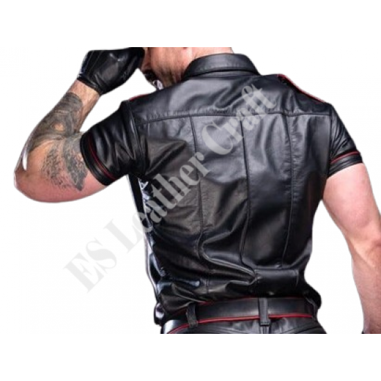 Men's Real Leather Biker Shirt Black Cow Leather Shirt Slim Fit Shirt Gift for Men - Hand Crafted Police Leather Uniform Leather Shirt