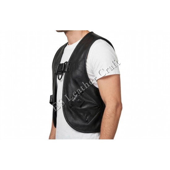 Men’s Black Genuine Leather Vest Harness with Front D-Ring