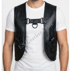 Men’s Black Genuine Leather Vest Harness with Front D-Ring