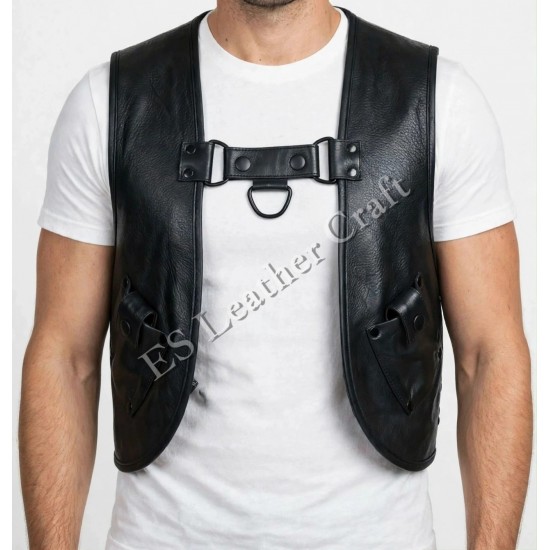 Men’s Black Genuine Leather Vest Harness with Front D-Ring