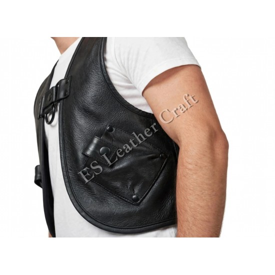 Men’s Black Genuine Leather Vest Harness with Front D-Ring