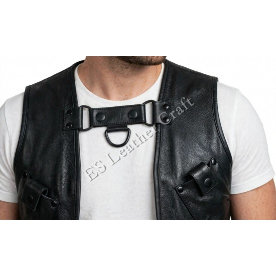 Men’s Black Genuine Leather Vest Harness with Front D-Ring