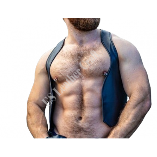 Leather Bar Vest Men - Open Front Leather Vest for Men - Black Leather Bar Vest - Bartender vest - Hand Made Real Leather Vest