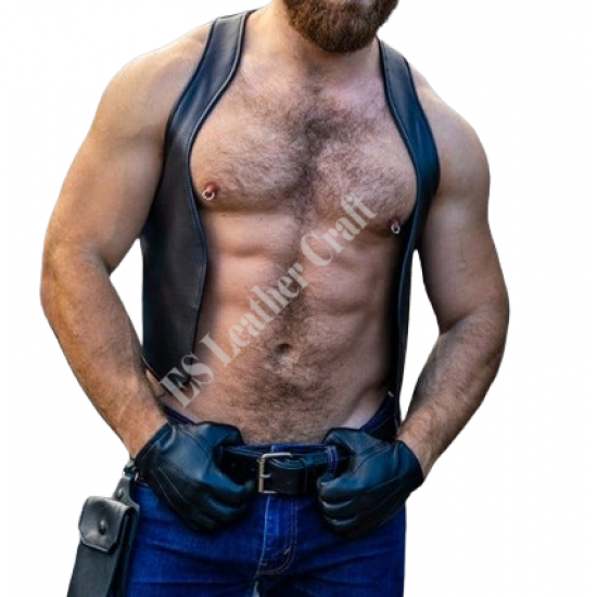 Leather Bar Vest Men - Open Front Leather Vest for Men - Black Leather Bar Vest - Bartender vest - Hand Made Real Leather Vest