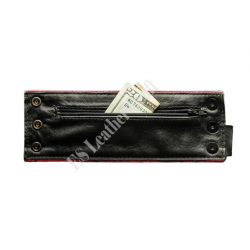Real Luxury Leather wrist wallet Black with Red leather pipping - All Sizes, coin wallet, bracelet, cuff, gauntlet, money purse