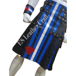 Men’s Black & Blue Genuine Leather Kilt Set with Matching Wrist Cuff – Custom Handmade