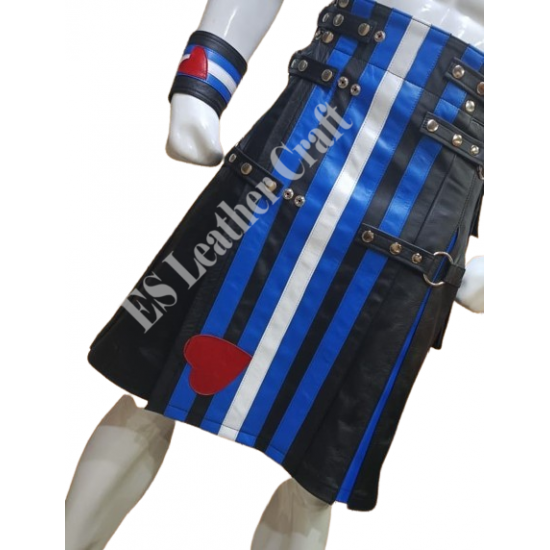 Men’s Black & Blue Genuine Leather Kilt Set with Matching Wrist Cuff – Custom Handmade