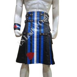 Men’s Black & Blue Genuine Leather Kilt Set with Matching Wrist Cuff – Custom Handmade