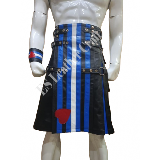 Men’s Black & Blue Genuine Leather Kilt Set with Matching Wrist Cuff – Custom Handmade