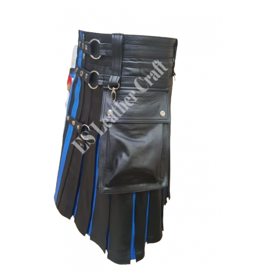 Men’s Black & Blue Genuine Leather Kilt Set with Matching Wrist Cuff – Custom Handmade