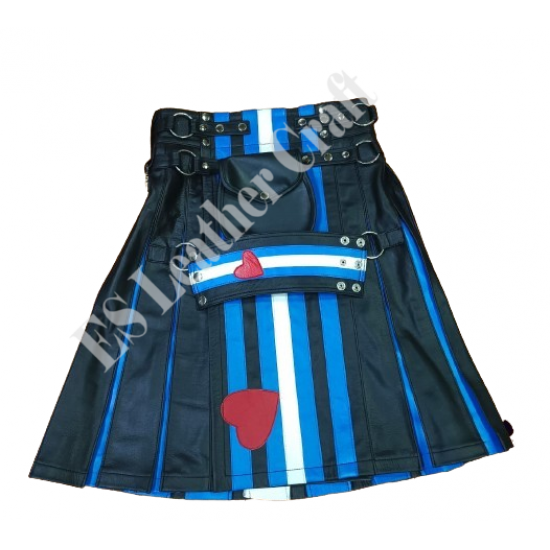 Men’s Black & Blue Genuine Leather Kilt Set with Matching Wrist Cuff – Custom Handmade