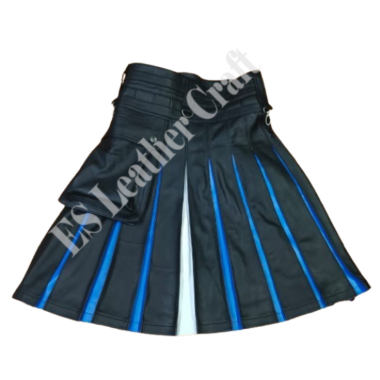 Men’s Black & Blue Genuine Leather Kilt Set with Matching Wrist Cuff – Custom Handmade
